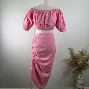 NWT Stylewe Pink 100% Cotton 2-Piece Crop Top & Ruched Maxi Skirt Set